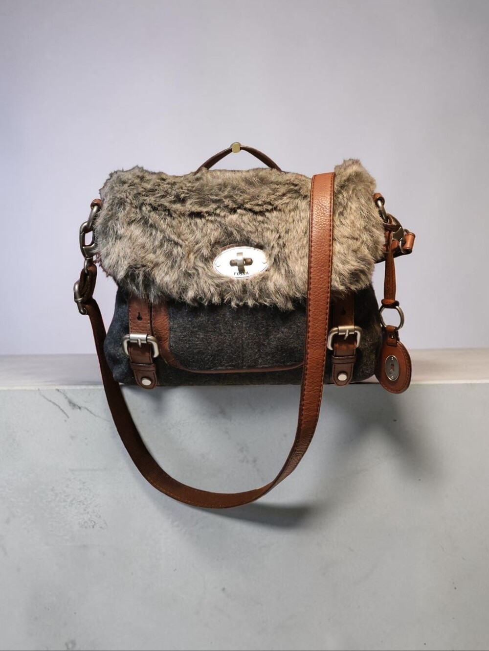 Fossil Maddox Wool & Faux Fur Crossbody Bag Flap Messenger Leather Trim